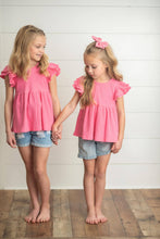 Load image into Gallery viewer, Kids Bright Pink Double Ruffle Flutter Sleeve Spring Shirt