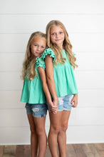 Load image into Gallery viewer, Kids Turquoise Double Ruffle Flutter Sleeve Spring Shirt