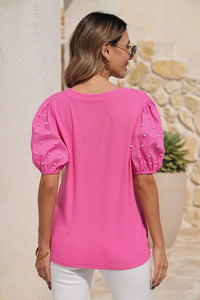 Ribbed Pearl Beaded Puff Sleeve Top