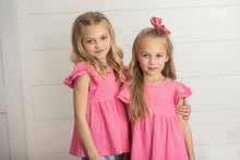 Load image into Gallery viewer, Kids Bright Pink Double Ruffle Flutter Sleeve Spring Shirt