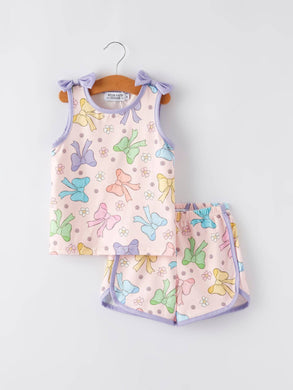Girls Purple Bow Sleeveless Top and Shorts Set