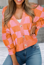 Load image into Gallery viewer, Checkered Drop Shoulder Buttoned V Neck Cardigan
