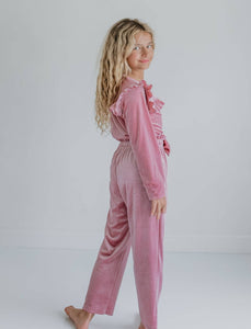 Girls Pink Velvet Ruffle Bow Fall Winter Fancy Pant Set