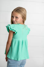 Load image into Gallery viewer, Kids Turquoise Double Ruffle Flutter Sleeve Spring Shirt