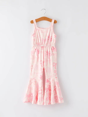 Pink Bow Print Girls Sling Flared Jumpsuit