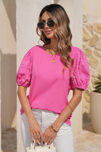 Ribbed Pearl Beaded Puff Sleeve Top