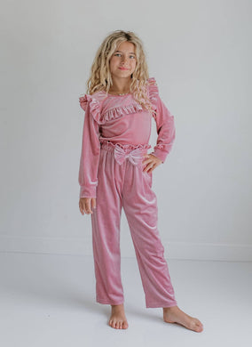Girls Pink Velvet Ruffle Bow Fall Winter Fancy Pant Set