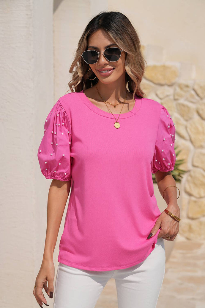 Ribbed Pearl Beaded Puff Sleeve Top