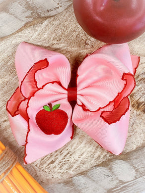 Pink Apple Embroidered Moonstitch Hair Bow