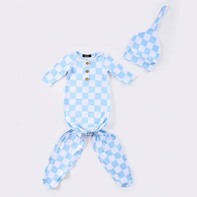 Blue Checkered Baby Knotted Gown