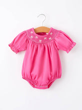Load image into Gallery viewer, Girls Bow Smocking Embroidery Hot Pink Romper