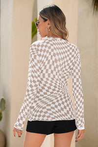 Checkered Pattern Mesh Mock Neck Long Sleeve Top