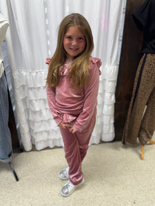 Girls Pink Velvet Ruffle Bow Fall Winter Fancy Pant Set