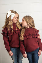Load image into Gallery viewer, Kids Wine Double Ruffle Crew Neck Fall Winter Sweater