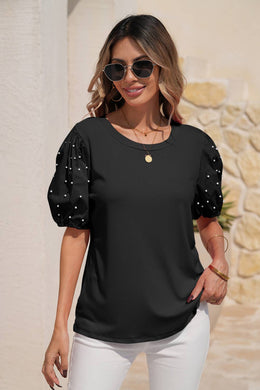 Ribbed Pearl Beaded Puff Sleeve Top