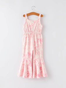 Pink Bow Print Girls Sling Flared Jumpsuit