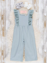 Load image into Gallery viewer, Blue Striped Eyelet Ruffle Jumpsuit