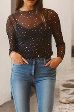 Load image into Gallery viewer, Rhinestone Sheer Mesh Slim Fit Long Sleeve Top