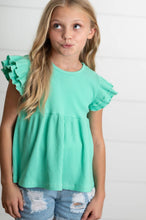 Load image into Gallery viewer, Kids Turquoise Double Ruffle Flutter Sleeve Spring Shirt