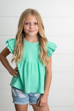 Load image into Gallery viewer, Kids Turquoise Double Ruffle Flutter Sleeve Spring Shirt