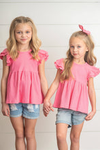 Load image into Gallery viewer, Kids Bright Pink Double Ruffle Flutter Sleeve Spring Shirt