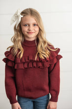 Load image into Gallery viewer, Kids Wine Double Ruffle Crew Neck Fall Winter Sweater