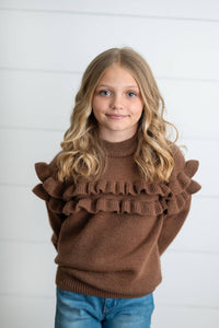 Kids Chocolate Double Ruffle Crew Neck Fall Winter Sweater