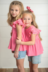 Kids Bright Pink Double Ruffle Flutter Sleeve Spring Shirt