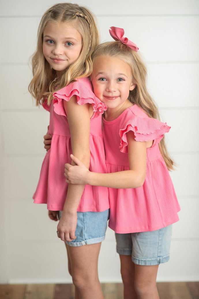 Kids Bright Pink Double Ruffle Flutter Sleeve Spring Shirt