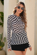 Load image into Gallery viewer, Checkered Pattern Mesh Mock Neck Long Sleeve Top
