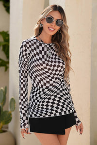 Checkered Pattern Mesh Mock Neck Long Sleeve Top