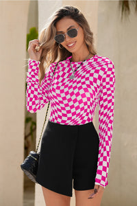 Checkered Pattern Mesh Mock Neck Long Sleeve Top