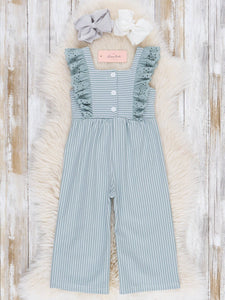 Blue Striped Eyelet Ruffle Jumpsuit