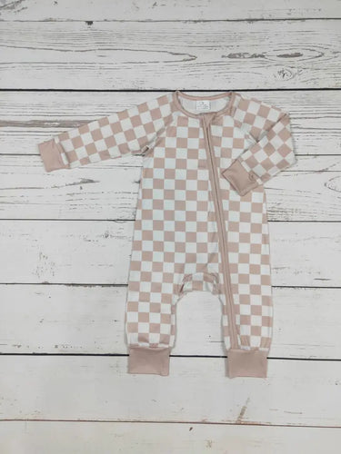 Tan Checkered Baby Zipper Romper